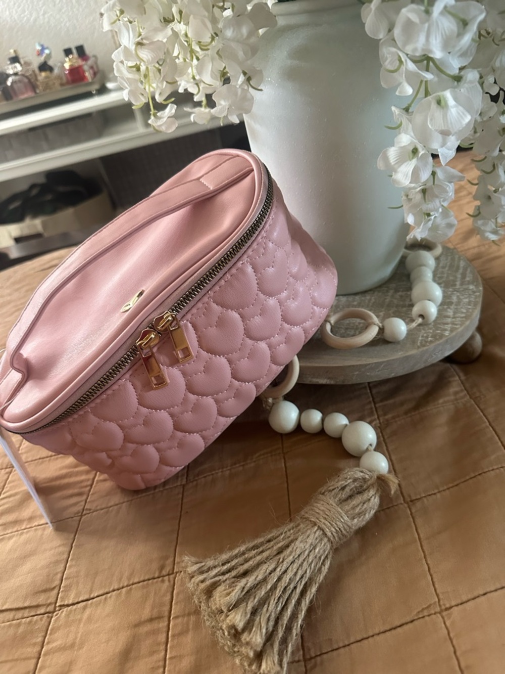 Quilted Pink Heart Crossbody Bag with Gold Accents